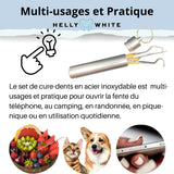 Helly White Kit d’hygiène dentaire pour le détartrage étui avec Cure-dents en inox et en bois, multiusage pic détartrage des dents nettoyage inter dentaire Vitorinox Elmex GUM  